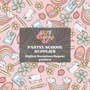 Pastel school supply digital seamless pattern for fabrics and wallpapers, Bright back to school digital paper pattern file, pastel seamless