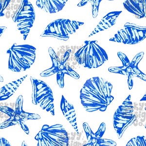 Patrón digital sin costuras de conchas marinas de acuarela para telas y papeles pintados, archivo de patrón de papel digital de conchas marinas para telas, uso comercial