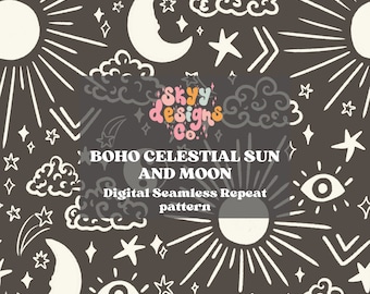 Patrón bohemio celestial de sol y luna sin costuras, papel con patrón de verano, descarga digital