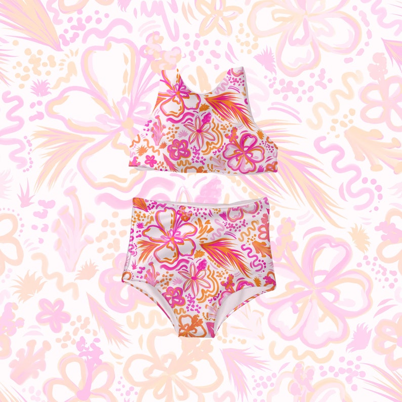 May include: A pink and orange floral print bikini top and bottom. The top is a halter style and the bottom is high waisted.
