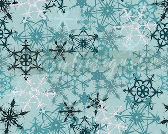 Peut inclure: Un motif sans couture composé de flocons de neige bleus et argentés. Les flocons de neige sont complexes et détaillés, avec une variété de formes et de tailles. Le fond est de couleur bleu clair.