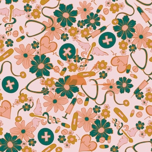 Floral medical tools seamless pattern for medical field, Floral nursing seamless repeat pattern for fabrics
