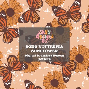 Boho fjärilssolros sömlöst mönster för sommar digital nedladdningsdesign