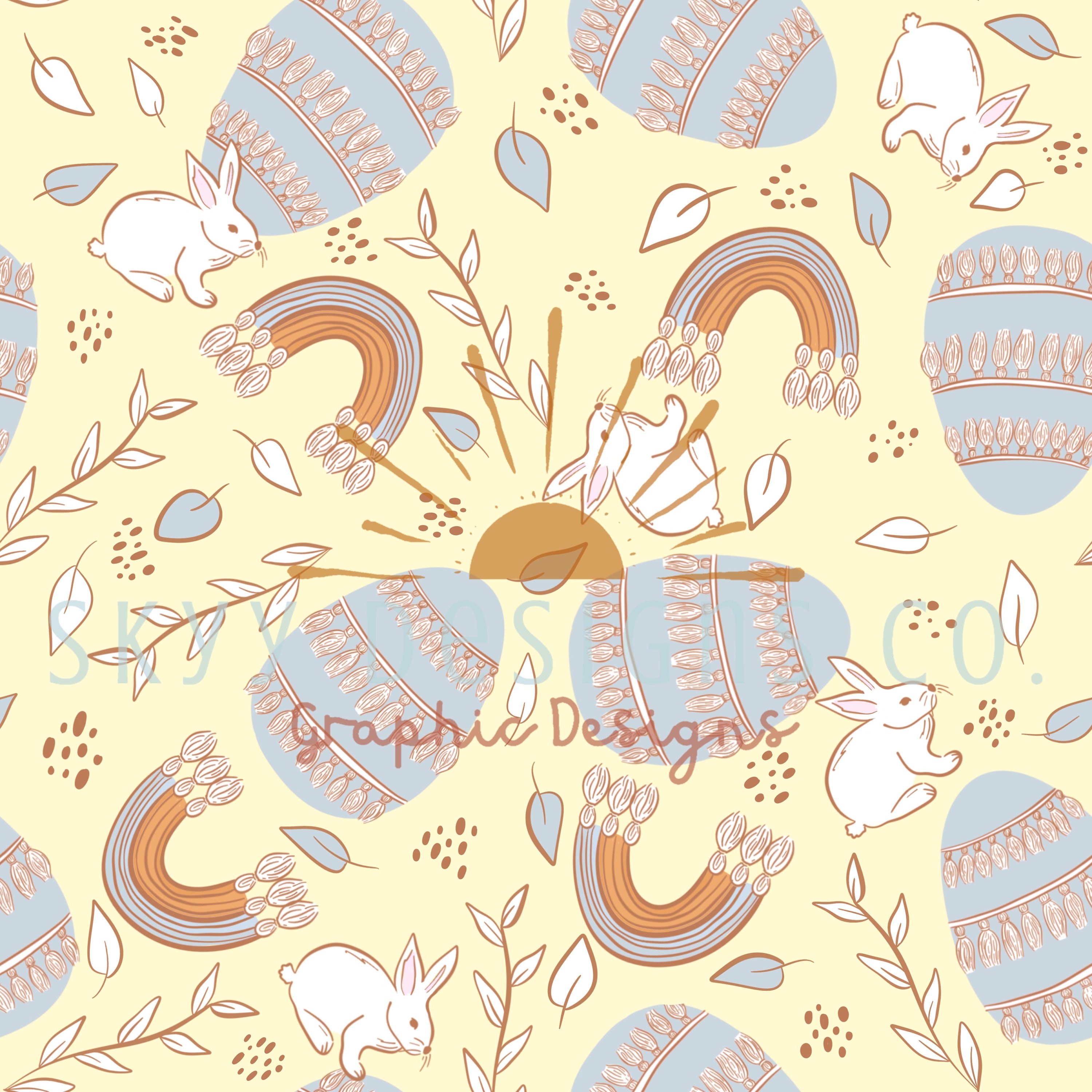 Yellow Boho Easter Bunnies Digital Seamless Pattern for Fabrics and ...