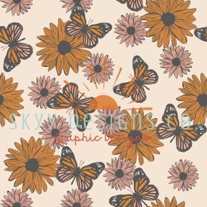 May include: A seamless pattern featuring orange and brown flowers with pink centers, and monarch butterflies on a cream background.