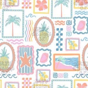 Trendy Beach Patchwork Musterdesign für Sommer, Sommer Muscheln Muster, kommerzielle Nutzung, Girly Sommer nahtloses Papier