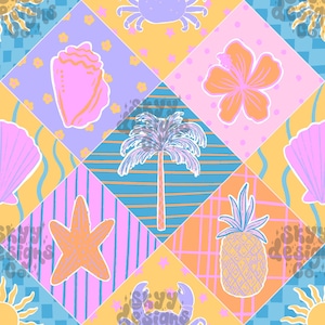 May include: A colorful, repeating pattern featuring a variety of summer-themed illustrations, including a pineapple, a palm tree, a seashell, a starfish, a crab, and a hibiscus flower. The background is a patchwork of yellow, pink, blue, and orange squares.