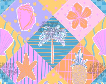 Bright Beach Patchwork Seamless Pattern for Summer, Pastel Girly Tropical Pattern Paper Digital Download