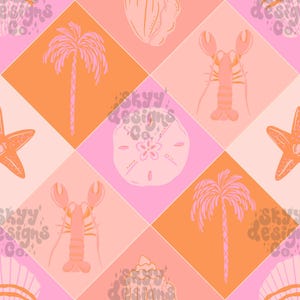 Trendy Beach patchwork seamless pattern for Summer, Bright Summer seashells pattern design, Commercial use, Girly summer seamless paper