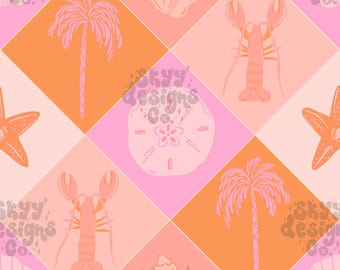 Patrón sin costuras de patchwork playero de moda para el verano, papel con estampado de conchas marinas estilo boho (descarga digital)