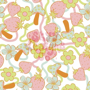Padrão digital floral sem emenda de cogumelo retrô primavera groovy para impressão de superfície de tecidos