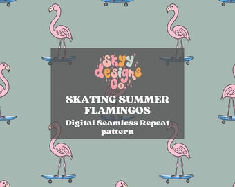 Trendy skating Flamingos seamless pattern for summer fabrics, Flamingo seamless repeat file digital download, girly tropical seamless design