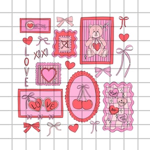 May include: A collection of pink and red Valentine's Day themed illustrations. The image includes hearts, bows, a teddy bear, cherries, and the word "LOVE". Decorative frames and text bubbles with phrases like "BFF" and "Be Mine" are also present.