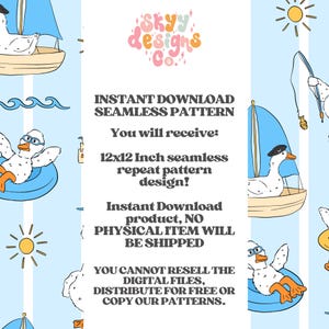 May include: Seamless pattern design featuring cartoon ducks in boats, inner tubes, and fishing. The background is light blue with white vertical stripes, suns, and waves. Text on the right side reads "INSTANT DOWNLOAD SEAMLESS PATTERN". The pattern is 12x12 inches.