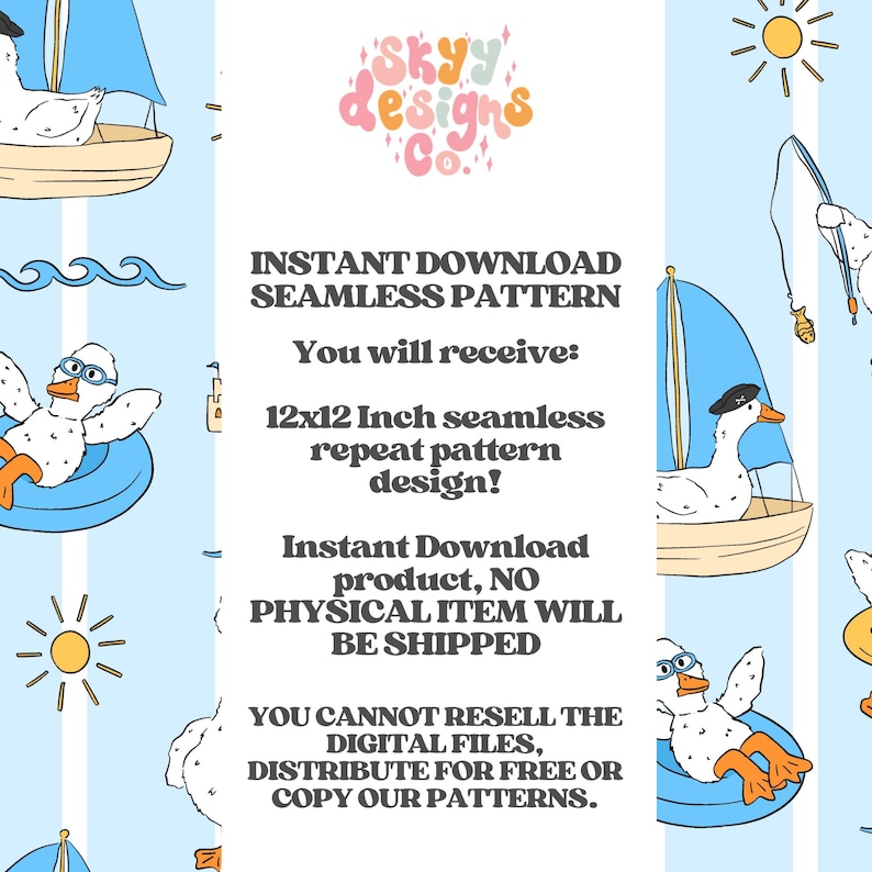 May include: Seamless pattern design featuring cartoon ducks in boats, inner tubes, and fishing. The background is light blue with white vertical stripes, suns, and waves. Text on the right side reads "INSTANT DOWNLOAD SEAMLESS PATTERN". The pattern is 12x12 inches.