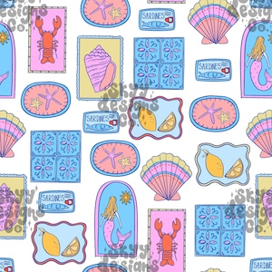 May include: A repeating pattern on a white background with illustrations of a lobster, seashells, starfish, lemons, sardines, mermaid, and decorative tiles. The design uses a pastel colour palette, creating a retro aesthetic.