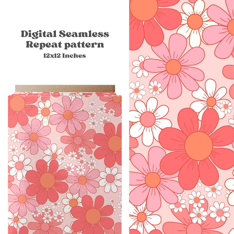 Op de afbeelding: Een naadloos herhalend patroon met roze en oranje bloemen op een lichtroze achtergrond. Het patroon is 12x12 inch.