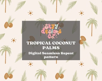 Tropical Summer coconuts digital seamless pattern for fabrics, Trendy coconuts palm leaves seamless repeat pattern design digital download