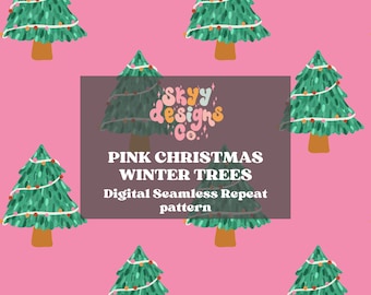 May include: A seamless pattern featuring green Christmas trees with white lights and colorful ornaments on a pink background. The text "Skyy designs Co." is in the center of the image.