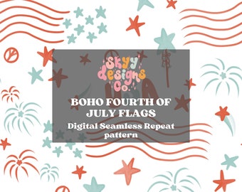 Fourth of July boho flags digital seamless pattern for fabrics and wallpapers, Boho Independence Day digital paper pattern, USA pattern