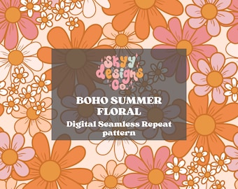 Patrón floral bohemio de margaritas sin costuras para otoño, descarga digital de papel con estampado de flores hippies