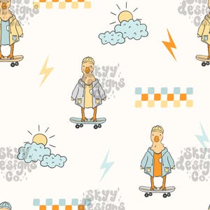 Retro Boys Spring time cyfrowy bezszwowy wzór na tkaniny, papier z wzorem kaczek Boy Spring, plik Skateboarding Ducks, do użytku komercyjnego