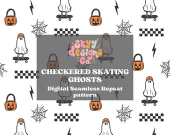 May include: A seamless pattern featuring white ghosts skateboarding on black and white chequered backgrounds. The ghosts are wearing orange pumpkin bucket hats and there are orange pumpkin buckets, lightning bolts, and spiderwebs throughout the pattern. The text "Checkered Skating Ghosts" and "Digital Seamless Repeat pattern" is included in the design.