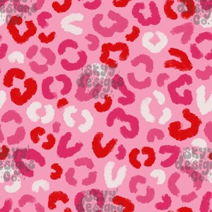 May include: A seamless digital pattern featuring a repeating leopard print design on a light pink background. The spots are rendered in shades of bright red, hot pink, and off-white, creating a textured, hand-painted appearance throughout the image.