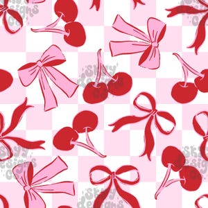 Karierte Kokette Kirsche Bögen Musterdesign zum Valentinstag, Digitales Papier Obst und Bögen Digitales Papier, Kommerzielle Nutzung