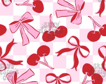 Wzór kokardki w kratkę z wiśniami, bezszwowy wzór na Walentynki, papier z motywem owoców w stylu preppy do pobrania w wersji cyfrowej