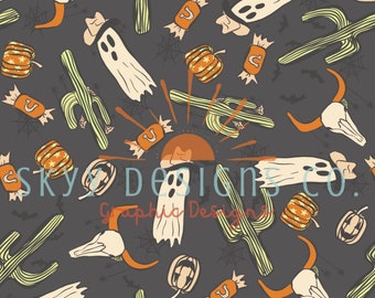 Western Spooky Ghosts Seamless Pattern, Boys Halloween Pattern Paper Digital Download