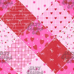 May include: A patchwork design featuring various patterns in shades of pink and red. The patterns include bows, strawberries, hearts, flowers, and grid designs. The overall theme is cute and feminine, with a playful and romantic aesthetic.