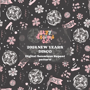 Modèle sans couture de célébration disco tendance 2024 pour le réveillon du Nouvel An, modèle sans couture rétro du Nouvel An pour les tissus