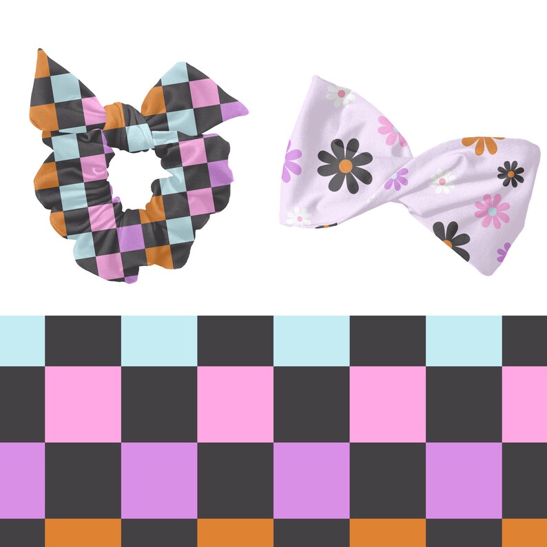 May include: Two hair scrunchies, one with a black and white checkered pattern and the other with a floral pattern. The checkered scrunchie is pink, orange, and blue. The floral scrunchie is light purple with pink and white flowers.