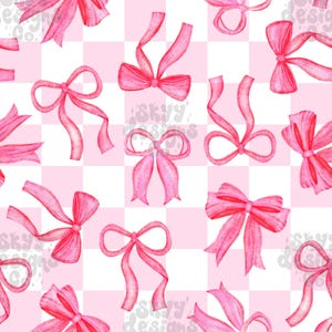 Pode incluir: Um padrão sem costura com laços de aquarela rosa sobre um fundo xadrez branco e rosa.