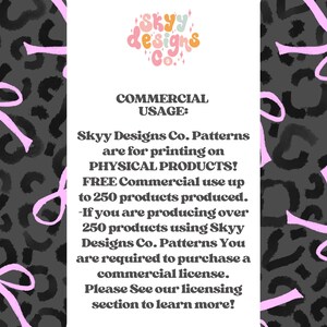 May include: A graphic with the text "Skyy Designs Co." and information about commercial usage of patterns for physical products. The background features a dark grey leopard print with pink accents.
