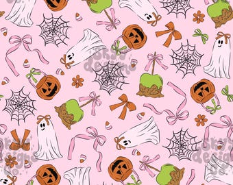 Preppy Ghosts and Pumpkins Seamless Pattern for Halloween, Girly Spooky Pattern Paper Digital Download