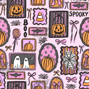Motivo senza cuciture con cornici spettrali alla moda per Halloween, motivo con fantasmi di Halloween, uso commerciale, carta patchwork senza cuciture spettrale femminile