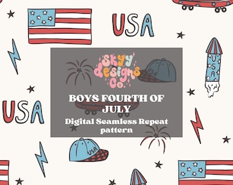 Trendy Boys Fourth of July digital seamless pattern for fabrics and wallpapers, Boys USA seamless repeat pattern, Digital paper July fourth