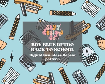 Boys School Supplies Seamless Pattern, Retro Learning Pattern Paper Digital Download