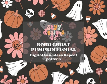 Ghosts and Pumpkins Halloween Seamless Pattern, Preppy Spooky Pattern Paper Digital Download
