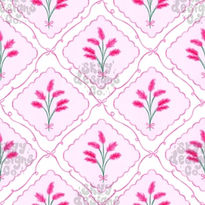 May include: A repeating pattern featuring pink floral sprigs within pink diamond-shaped frames, connected by pink ribbons on a white background. Each sprig is tied with a small bow. The design has a vintage, feminine aesthetic.