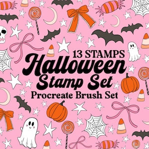 May include: A digital graphic featuring the text 13 STAMPS Halloween Stamp Set Procreate Brush Set on a pink background. The design includes illustrations of orange pumpkins, white ghosts, black bats, spider webs, candy corn, and pink bows.
