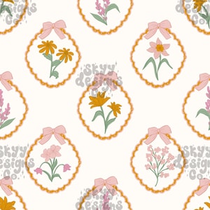 May include: A seamless pattern featuring a variety of floral designs in a circle with a pink bow. The flowers are in shades of pink, yellow, and orange. The background is white.