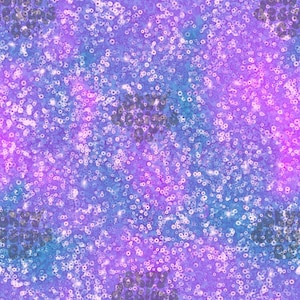 May include: A seamless pattern featuring a sparkling, iridescent design. The background is a blend of purples, blues, and pinks, with a scattering of small, glittery circles. The overall effect is a shimmering, textured surface.