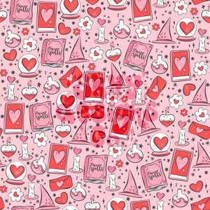 Witchy love seamless repeat pattern for Valentines Day, witchy love seamless pattern for fabrics