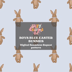 Peut inclure: Un motif numérique sans couture représentant des lapins marrons avec des nœuds papillon bleus sur un fond bleu clair. Le motif est intitulé "Boys Blue Easter Bunnies" et est réalisé par "Skyy Designs Co."