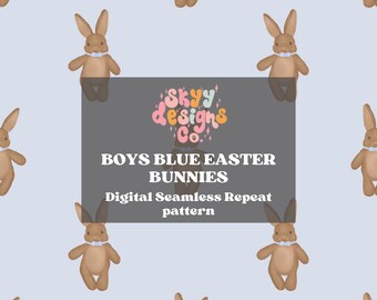Boys Easter Bunnies Seamless Pattern, Spring Animals Pattern Paper Digital Download
