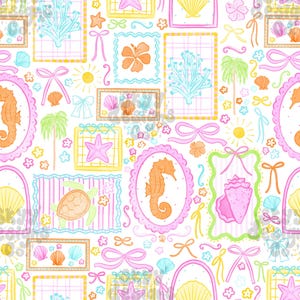 May include: A repeating pattern featuring sea creatures and tropical elements. The design includes seahorses, seashells, starfish, and bows in a pastel color palette of pink, orange, yellow, and blue. The overall theme is a whimsical, beach-inspired design.