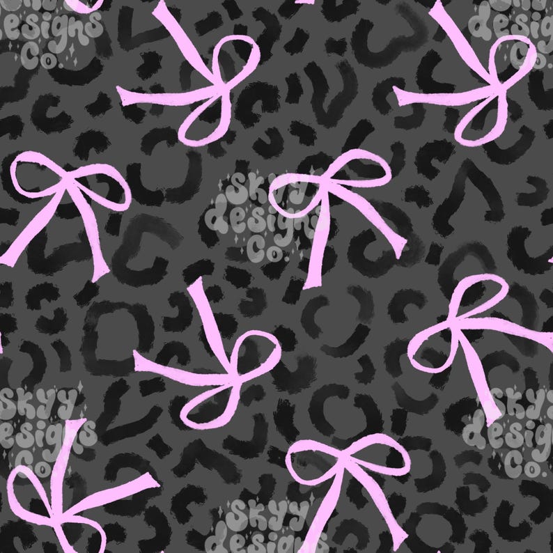 May include: A repeating pattern of pink bows set against a dark grey leopard print. The design incorporates the text "Skyy Design Co." in a circular layout, enhancing the visual appeal of the pattern.